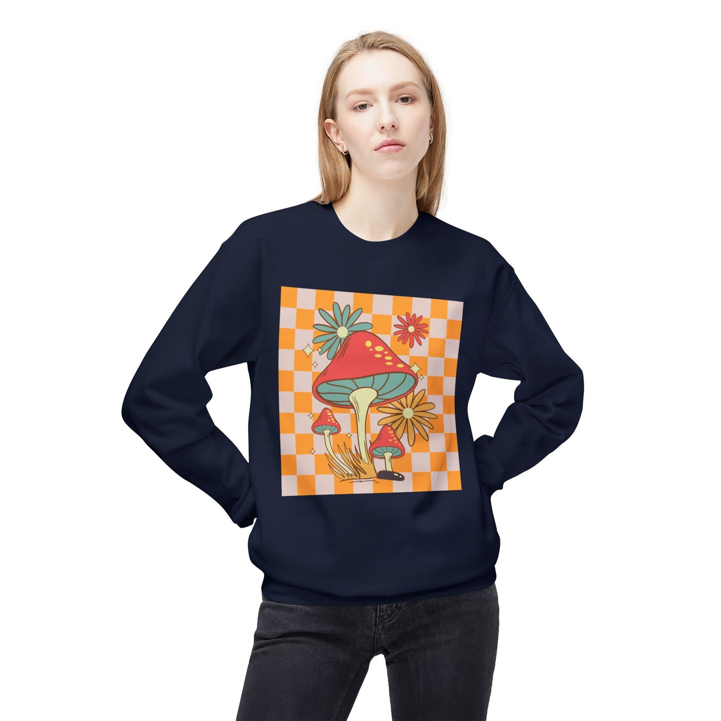 Retro Mushroom Unisex Midweight Softstyle Fleece Crewneck Sweatshirt