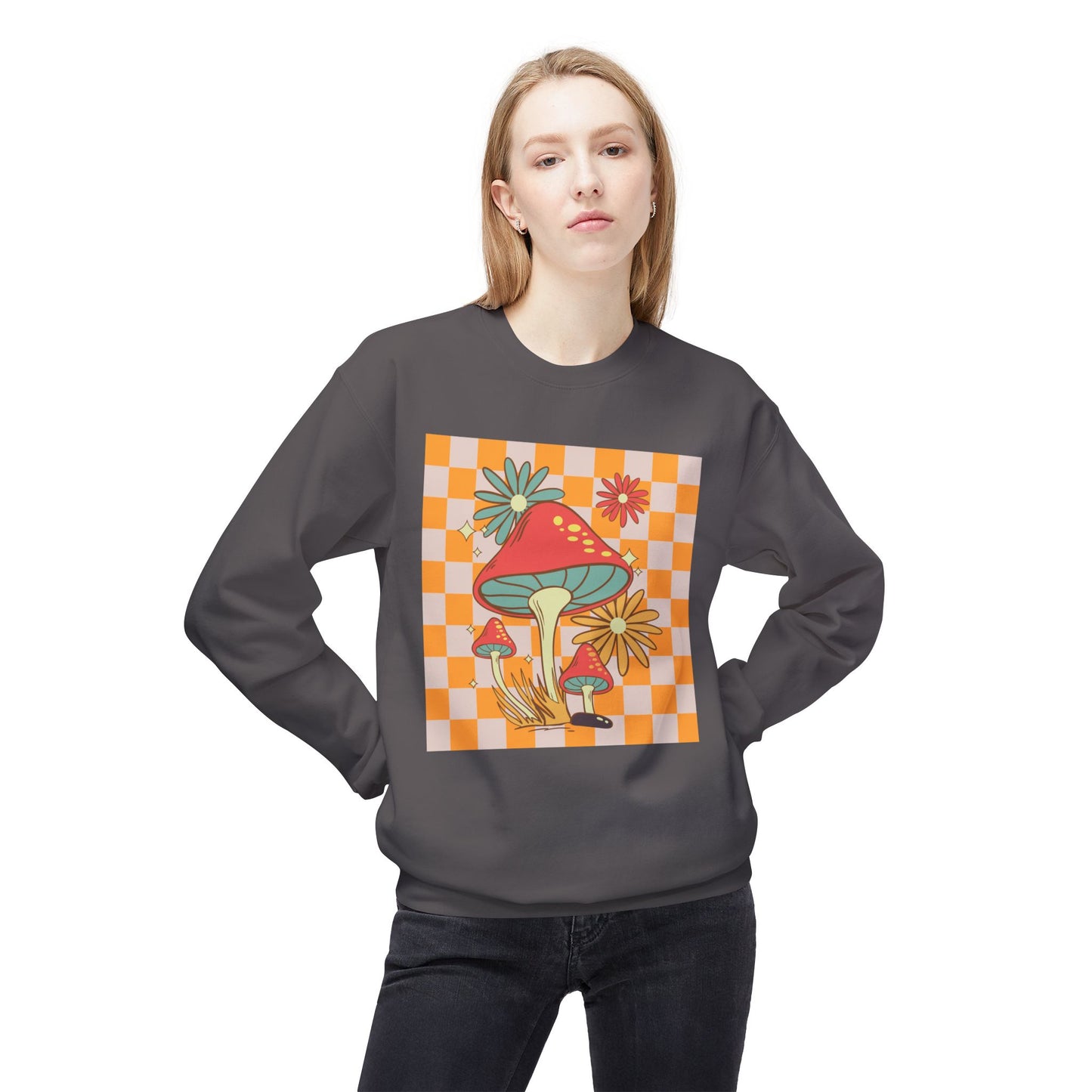 Retro Mushroom Unisex Midweight Softstyle Fleece Crewneck Sweatshirt